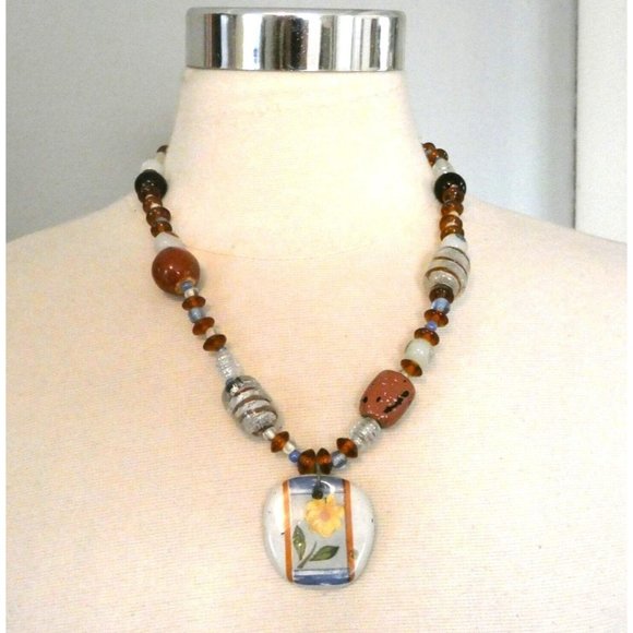 Vintage Art Glass Beaded Necklace with Pottery Flower Pendant - Picture 12 of 12